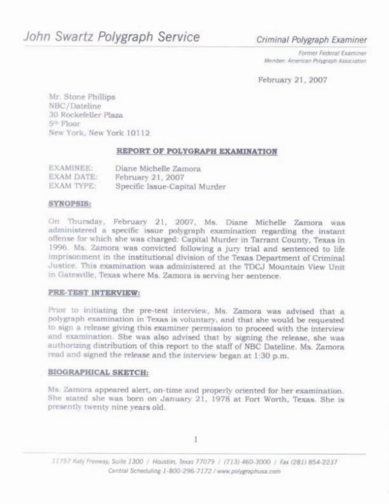 Examiner s Analysis Of Diane Zamora s Lie Detector Test Results